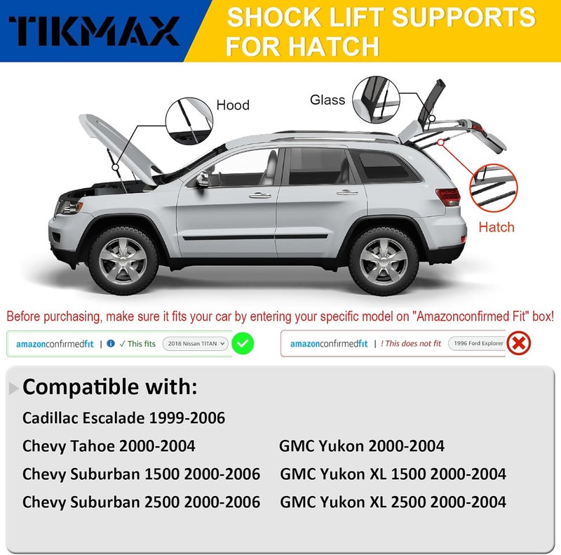 TIKMAX Rear Hatch Liftgate Gas Struts for Chevy Suburban 1500 2500 00-06, Tahoe GMC Yukon XL 1500 2500 00-04, Cadillac Escalade 99-06, Replaces 4557 PM2020 Shocks Lift Supports Gas Springs, 2 Pcs - Image 4
